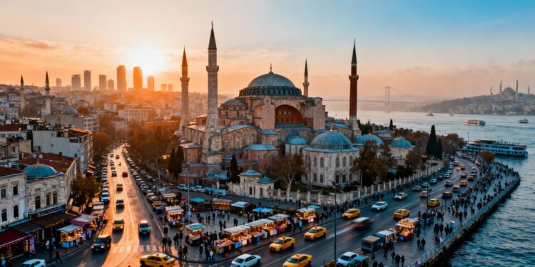 Ultra-realistic view of Istanbul’s iconic skyline with Hagia Sophia and bustling city energy, natural lighting, cinematic, professional travel photography