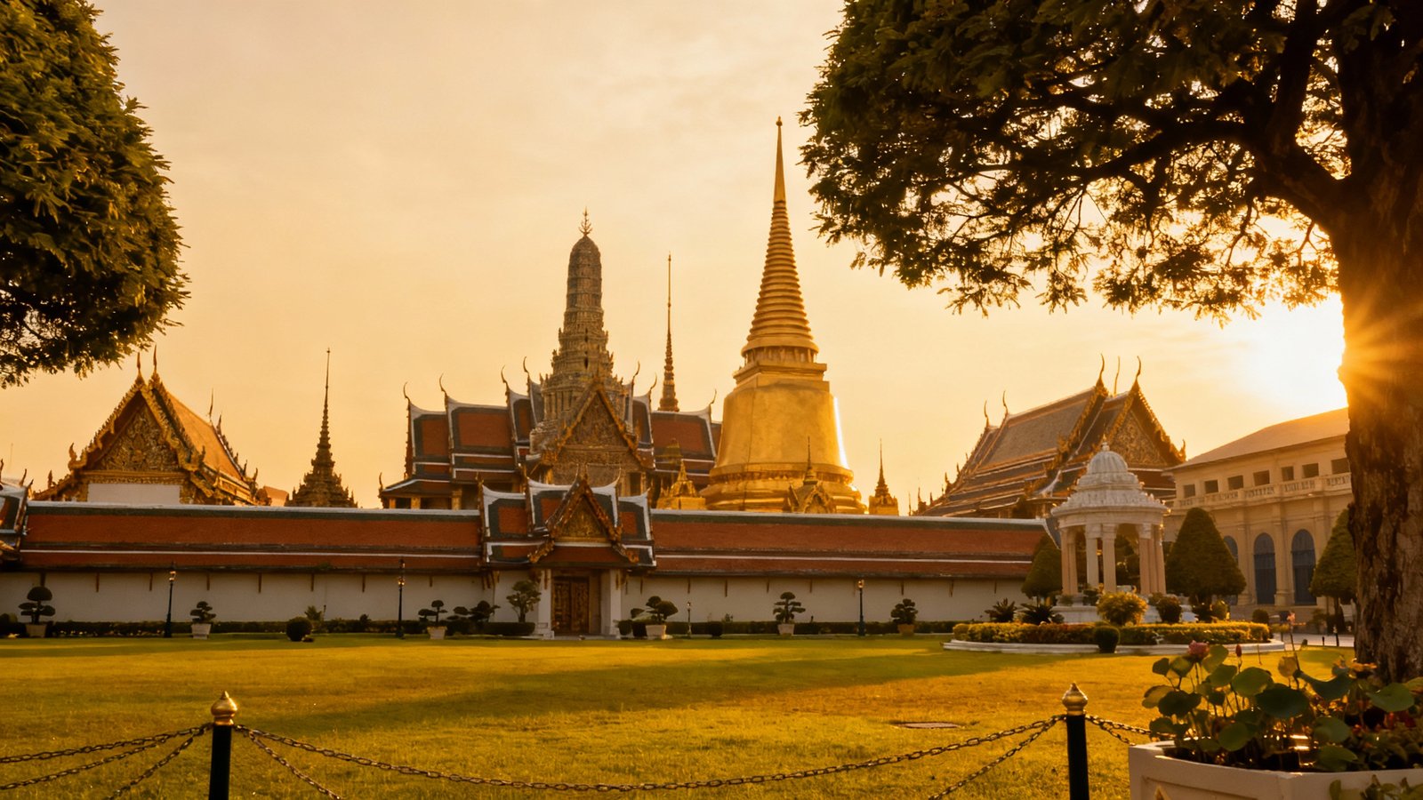 Featured image: Ultra-realistic, cinematic wide-angle shot of Bangkok’s Grand Palace, lush gardens and intricate spires under golden morning light, professional travel photography