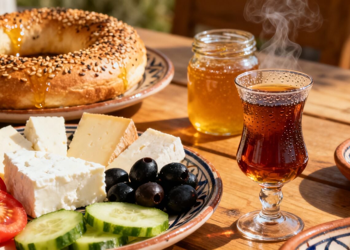 Ultra-realistic Turkish breakfast spread: simit, cheeses, olives, tomatoes, cucumbers, honey, and steaming Turkish tea, set on a bright, sunlit table with traditional Turkish crockery