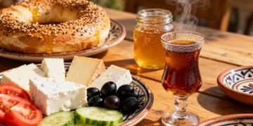 Ultra-realistic Turkish breakfast spread: simit, cheeses, olives, tomatoes, cucumbers, honey, and steaming Turkish tea, set on a bright, sunlit table with traditional Turkish crockery