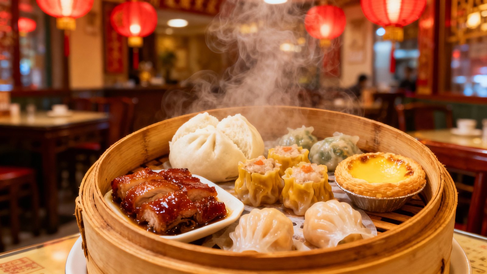 A vibrant, steaming basket of assorted dim sum in a traditional Hong Kong restaurant
