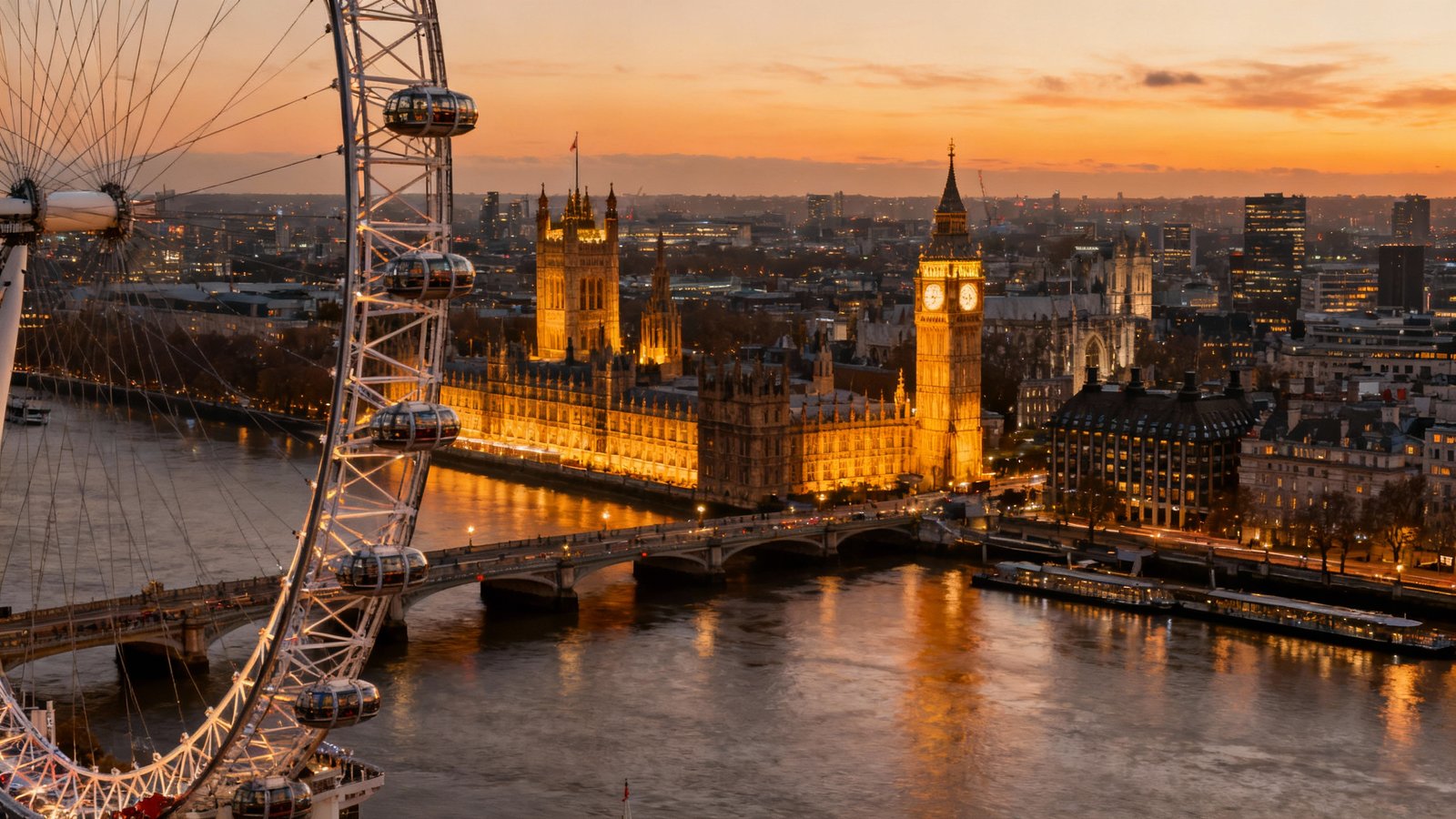 Panoramic view from the London Eye at dusk, showing the illuminated Houses of Parliament and the River Thames