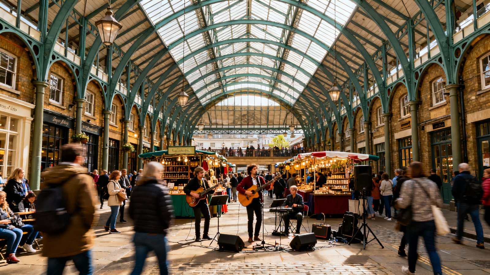Vibrant, bustling scene inside Covent Garden's Apple Market, with shoppers and performers under the glass roof