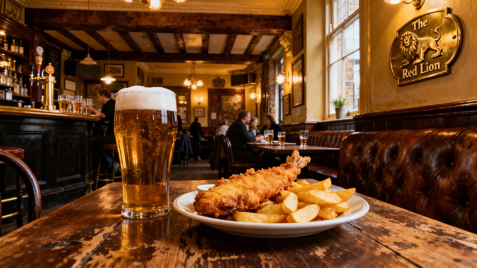 A cozy, traditional London pub interior with a perfectly poured pint of ale and a classic fish and chips meal on a wooden table