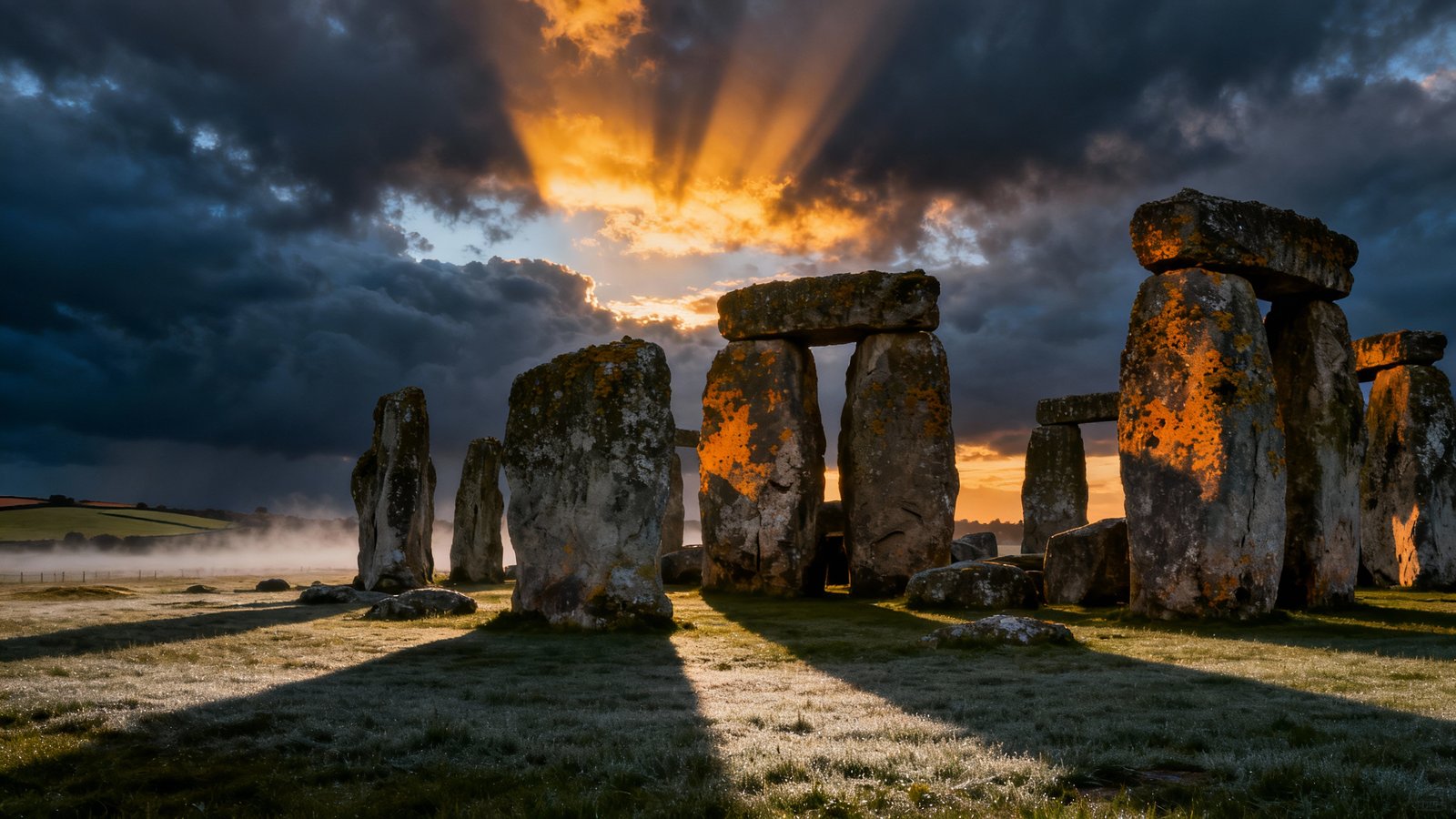 The ancient, mysterious stone circle of Stonehenge under a dramatic, cloudy sky at sunrise