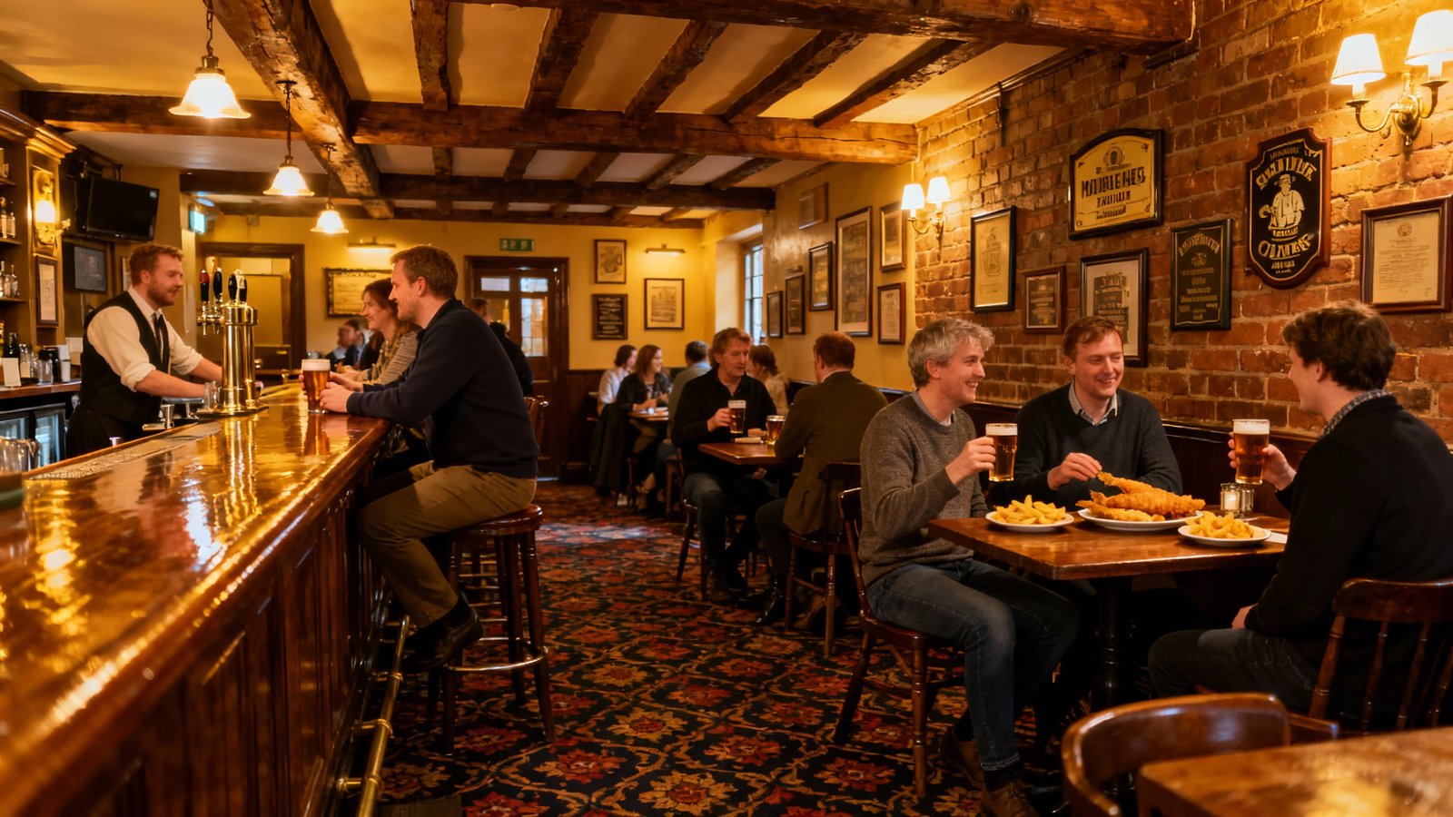 A cozy, traditional English pub interior with a wooden bar, warm lighting, and people enjoying drinks and food
