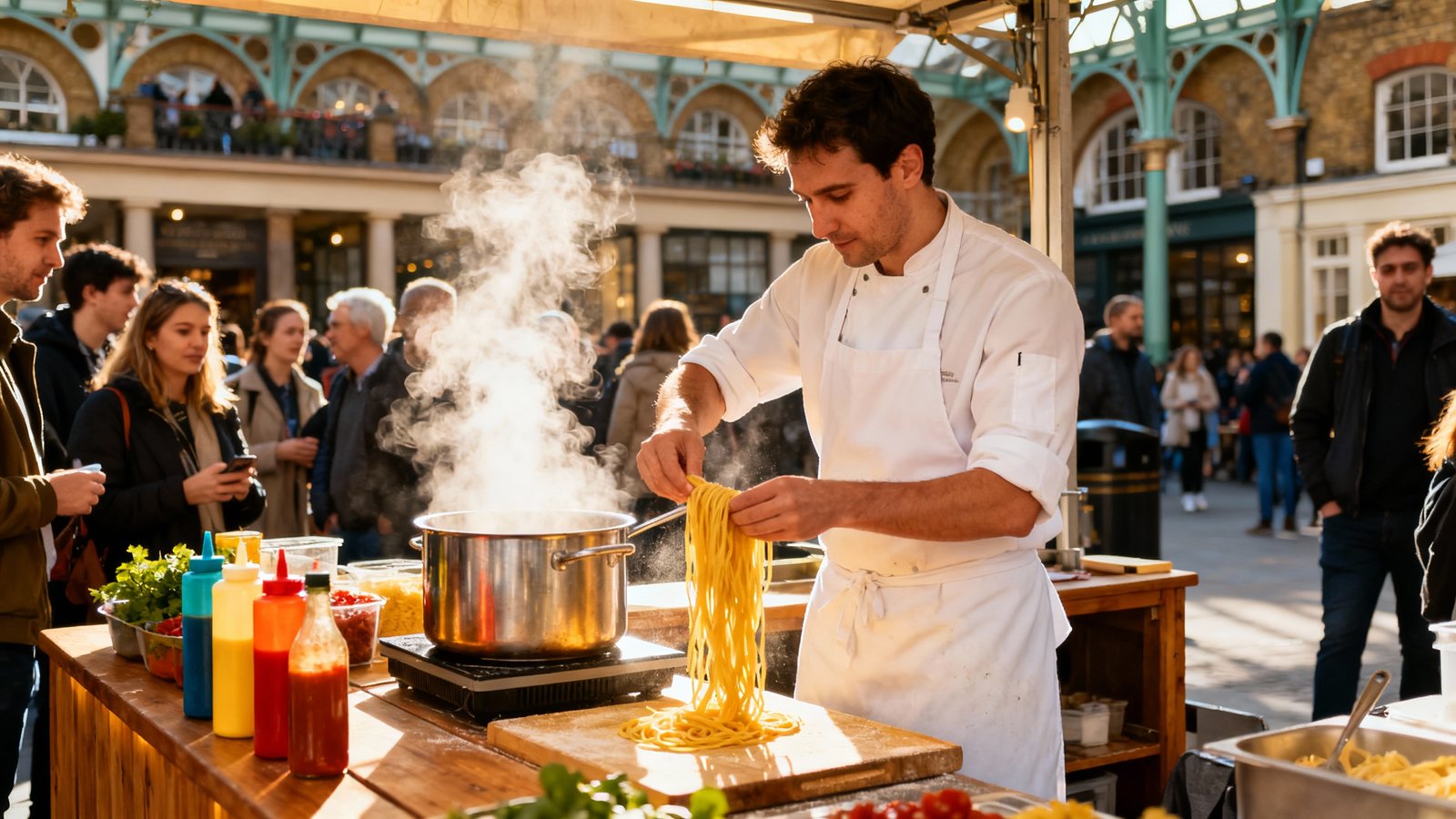 A bustling Covent Garden street food stall with a chef preparing fresh pasta, captured in vivid colors