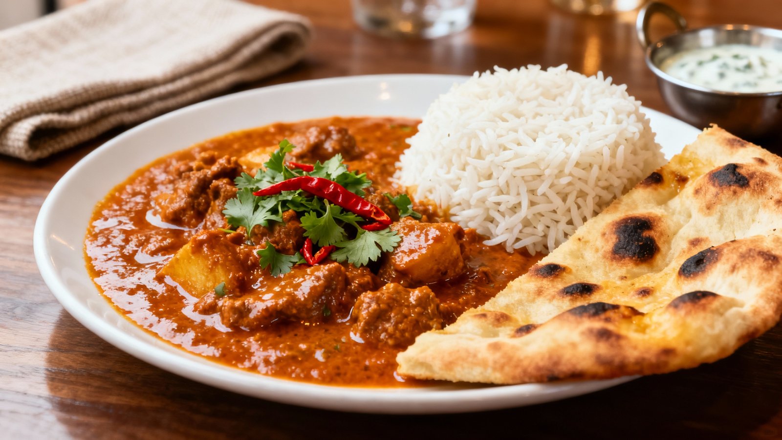 A vibrant plate of Indian curry with naan bread and rice, showcasing rich colors and textures in a restaurant setting