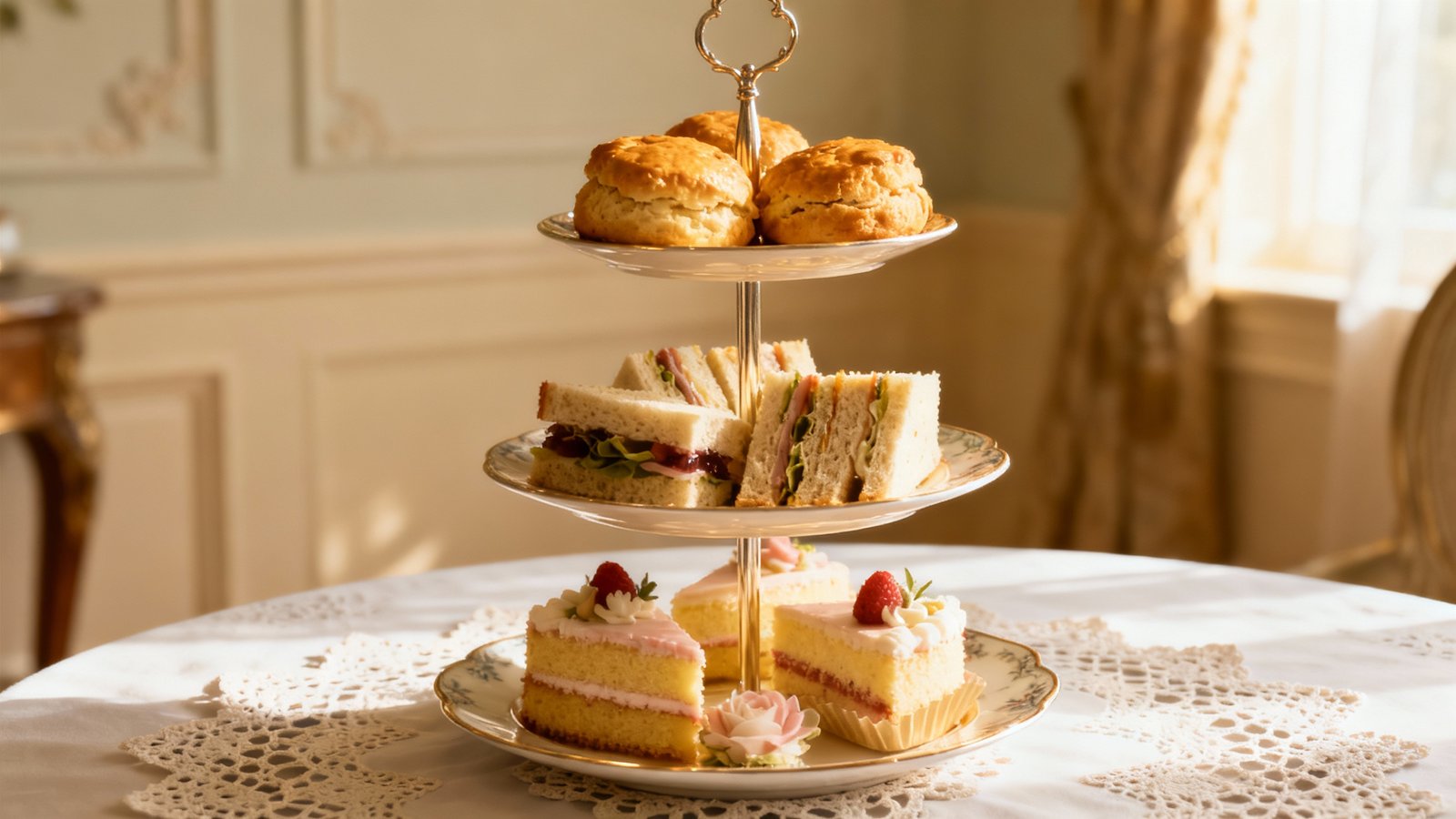 An elegant afternoon tea setup with scones, sandwiches, and cakes on a tiered stand in a beautifully lit room