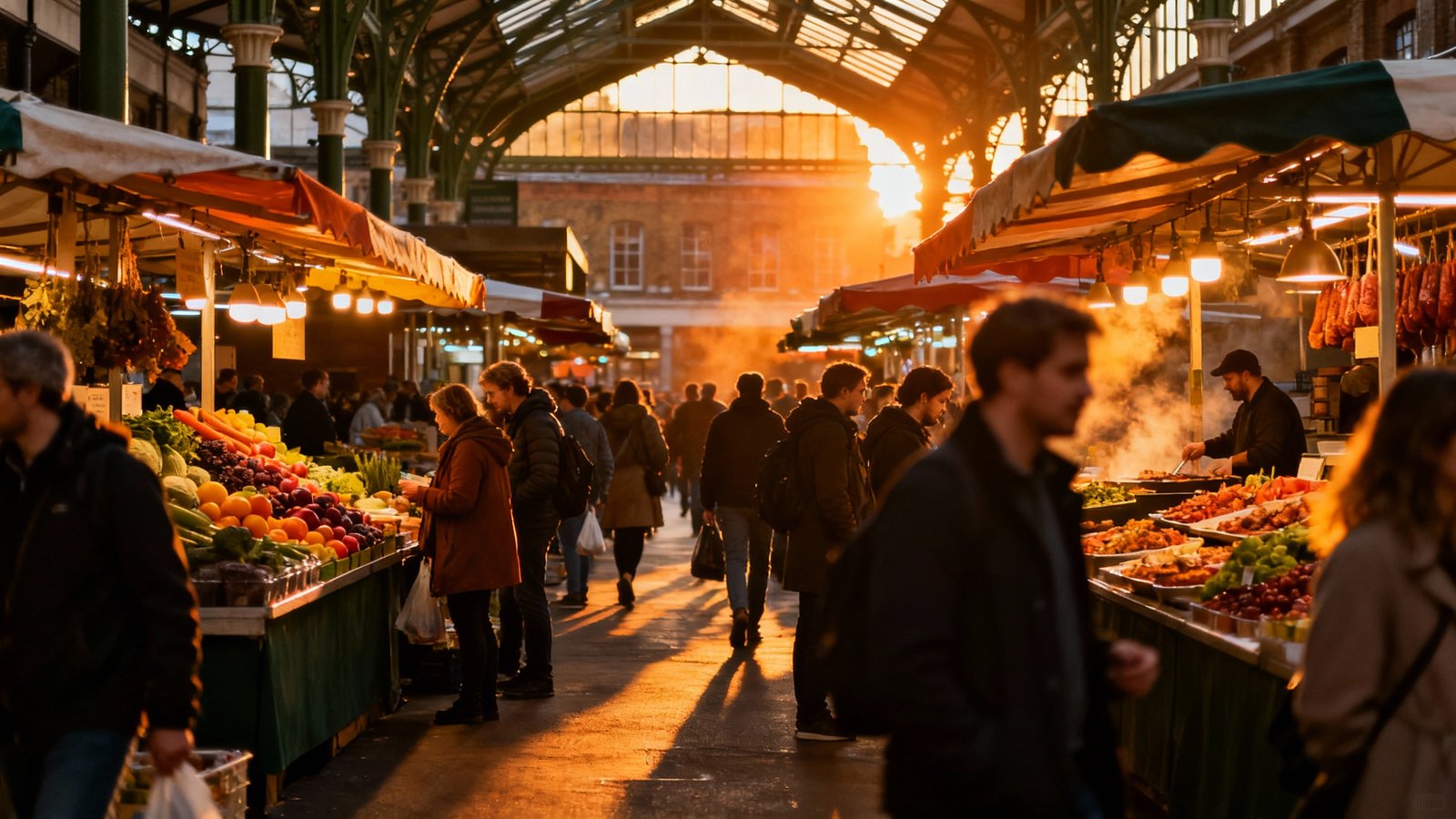 A cinematic wide-angle shot of Borough Market at dusk, with warm lights illuminating the stalls and a lively crowd