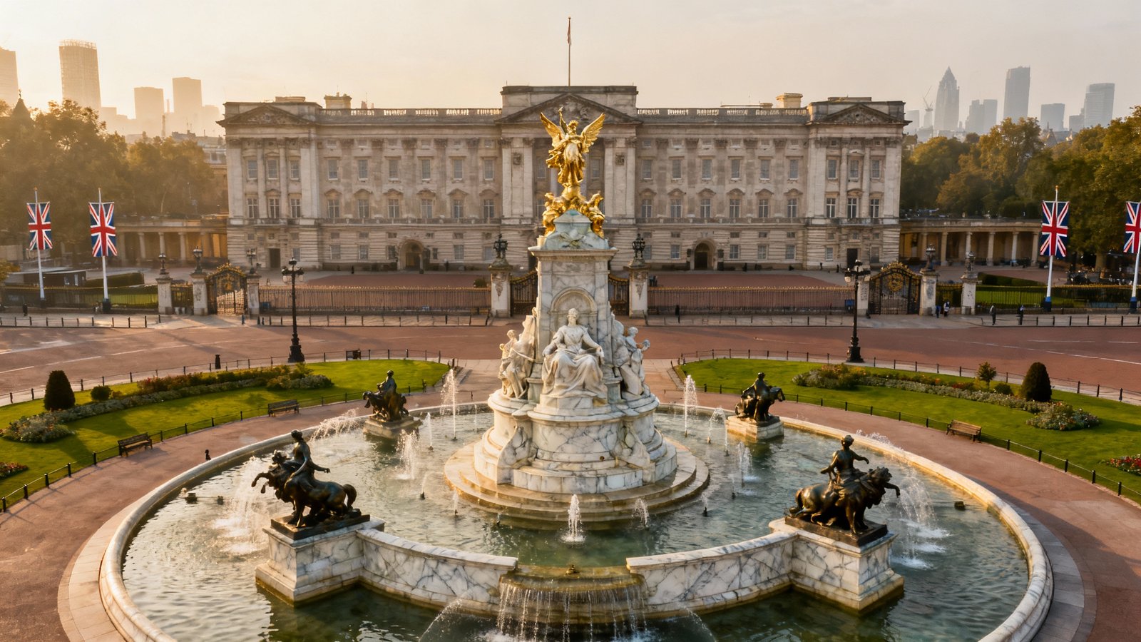 Ultra-realistic shot of the iconic Buckingham Palace facade with the Victoria Memorial in the foreground