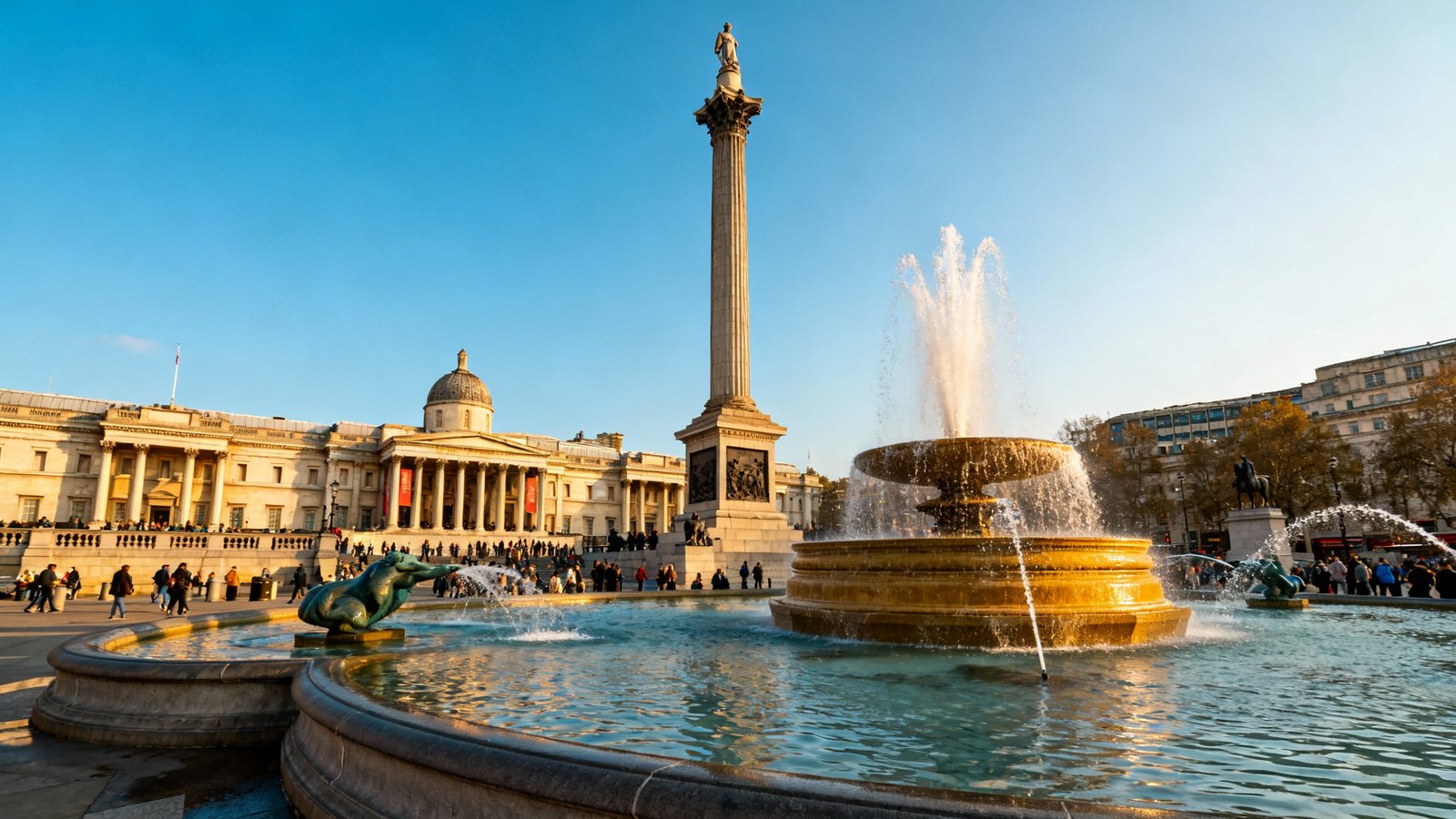 Wide-angle view of Trafalgar Square with Nelson's Column, fountains, and the National Gallery in the background under a clear blue sky