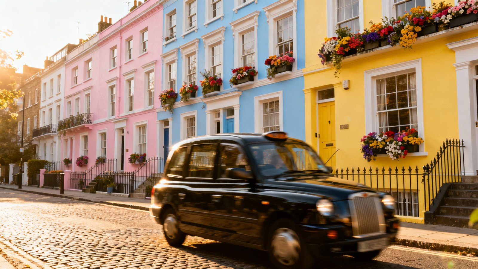 A row of iconic pastel-colored houses in Notting Hill on a sunny day, with a classic black cab driving by