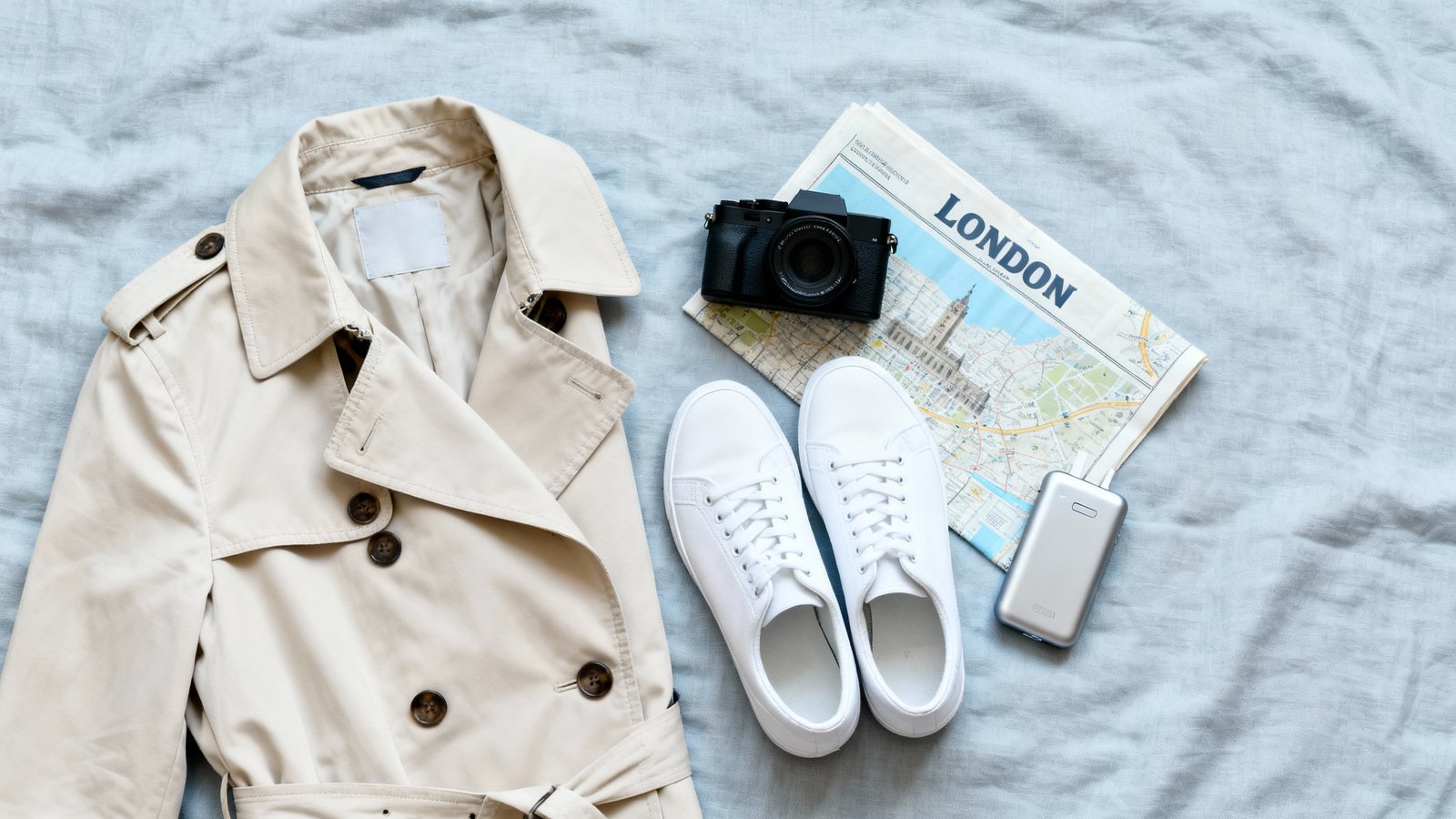 Aesthetic flat lay of travel essentials for London: a trench coat, comfortable sneakers, a camera, a map, and a portable charger