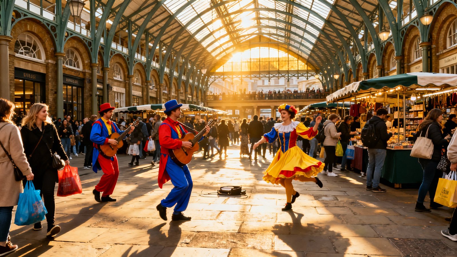 Vibrant and bustling scene in Covent Garden's market, with street performers and shoppers under the glass roof