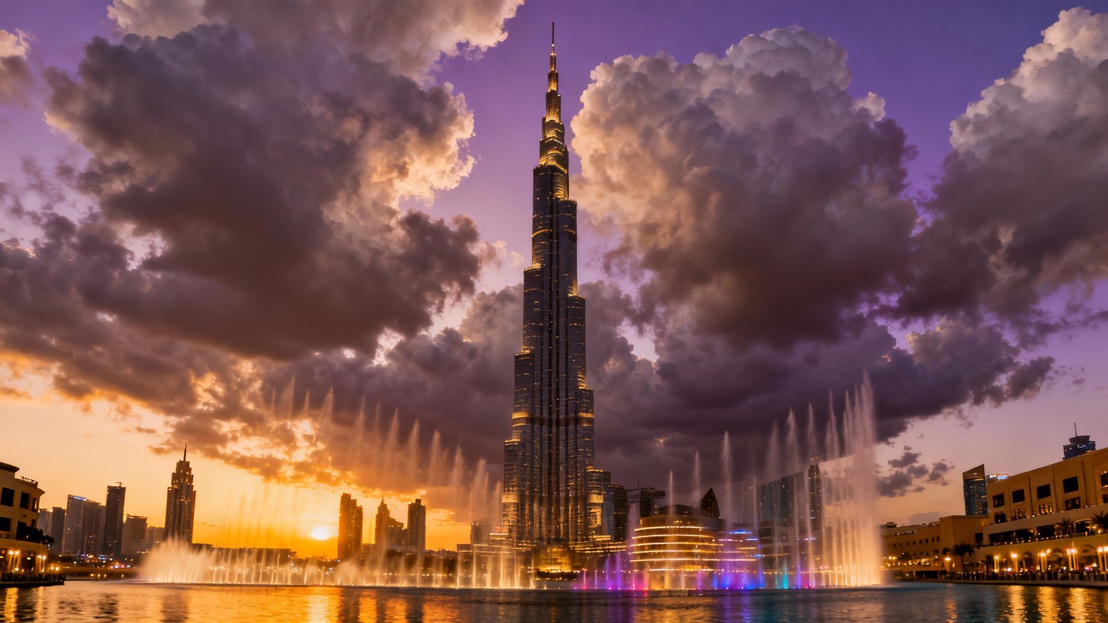 The towering Burj Khalifa piercing the clouds, with the Dubai Fountain in the foreground, captured in ultra-realistic detail at dusk