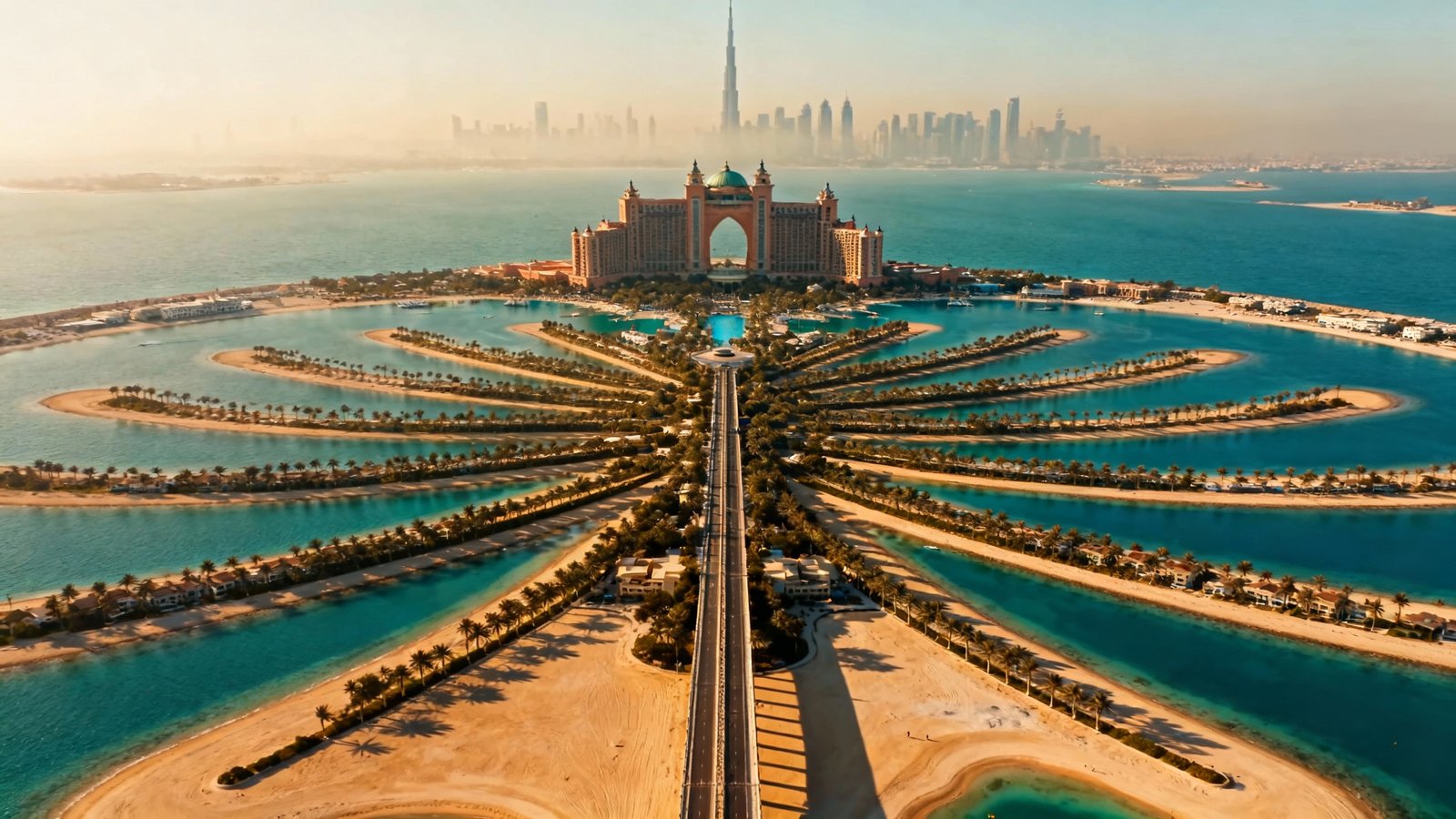 Cinematic wide-angle aerial view of the man-made Palm Jumeirah island, with its intricate fronds and the Atlantis resort at its apex, under natural sunlight