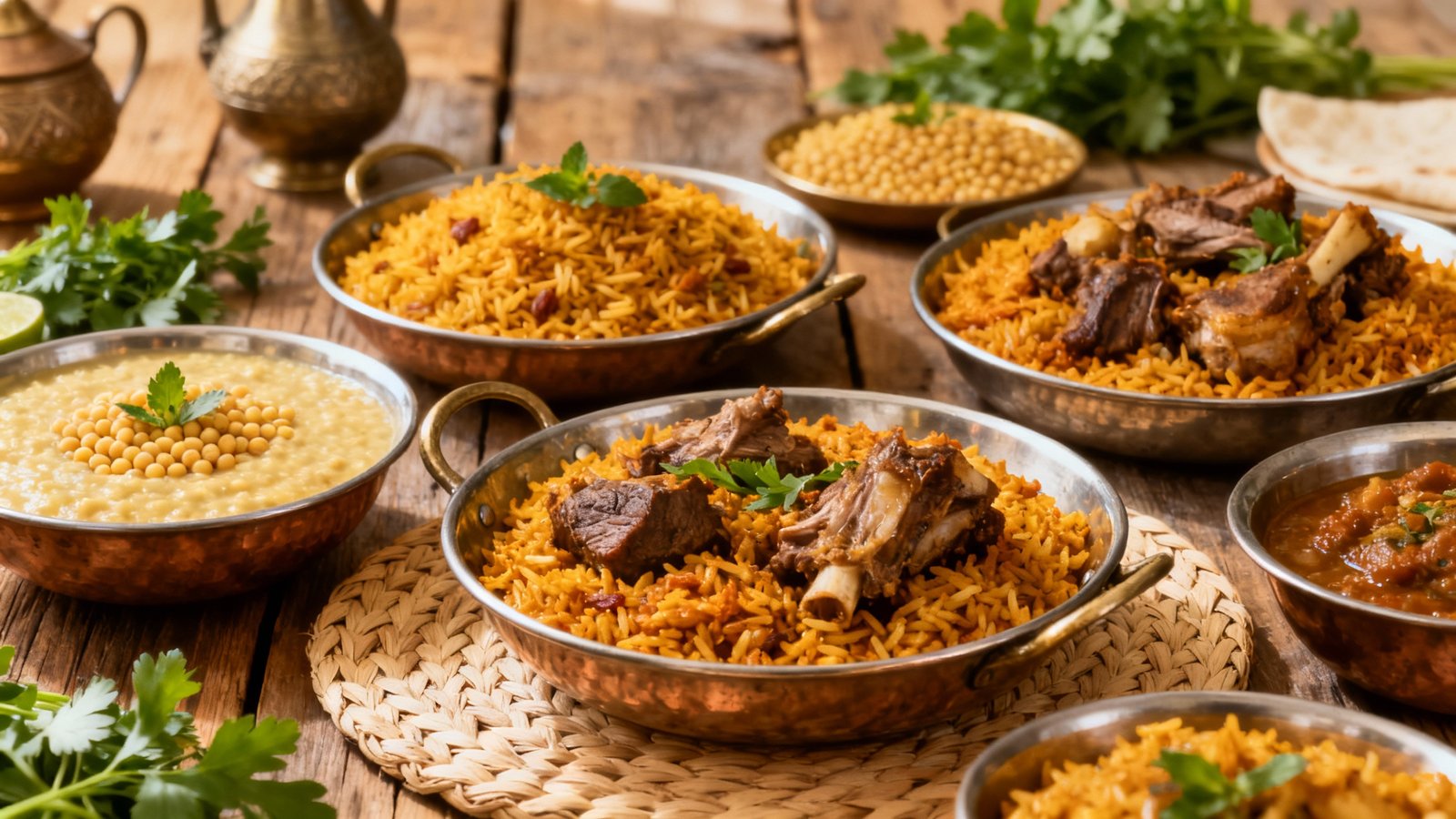 A vibrant, detailed shot of a traditional Emirati meal, featuring various dishes like Al Harees and Machboos, laid out on a rustic table
