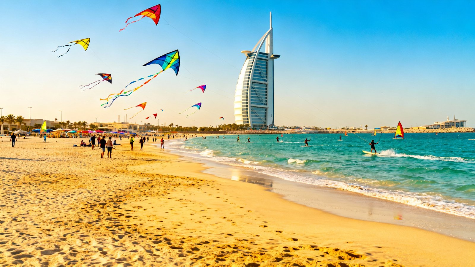 Kite Beach bustling with activity, with colorful kites in the sky and the iconic Burj Al Arab in the background, shot in natural, bright light