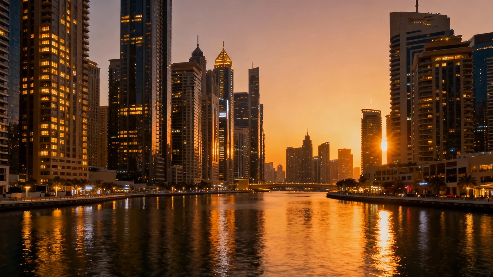 The breathtaking Dubai Marina skyline at sunset, with glowing skyscrapers reflecting in the calm waters of the canal, in a cinematic wide-angle shot