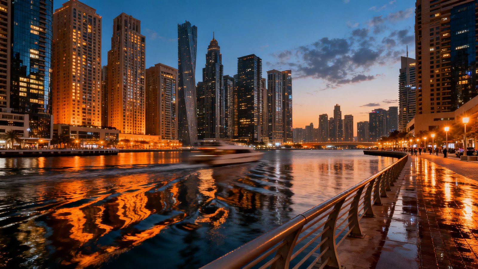 Ultra-realistic shot of the Dubai Marina skyline at dusk, with illuminated skyscrapers reflecting in the water