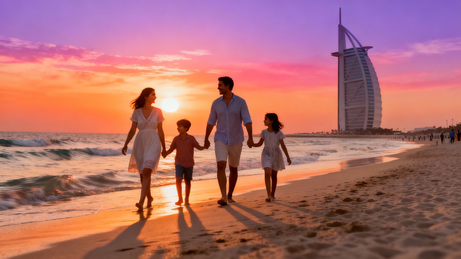 Ultra-realistic photo of a happy family walking along a pristine Dubai beach at sunset, with the Burj Al Arab in the background
