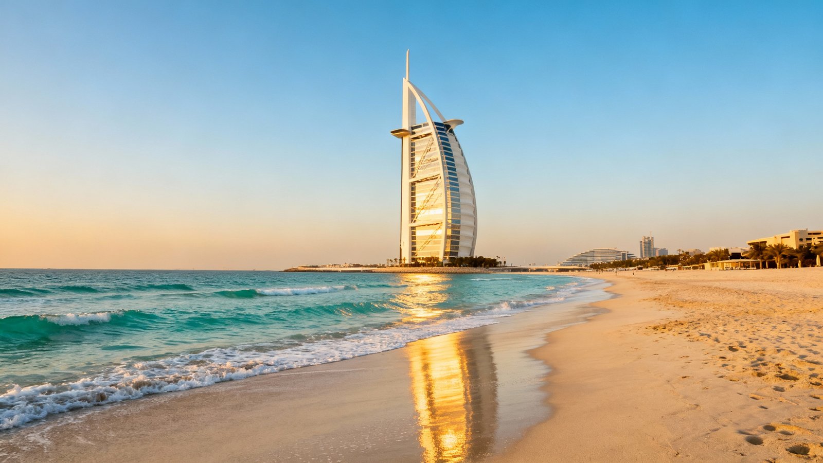 Stunning, ultra-realistic view of the iconic Burj Al Arab hotel from the beach, with turquoise water and clear blue skies