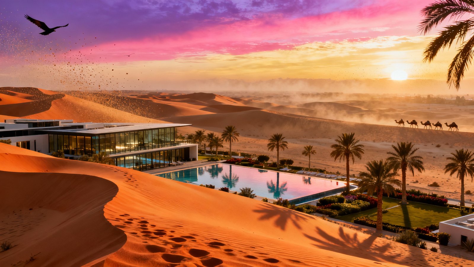 Breathtaking, ultra-realistic wide-angle shot of a luxury desert resort in Dubai, with sand dunes stretching to the horizon under a golden sunset