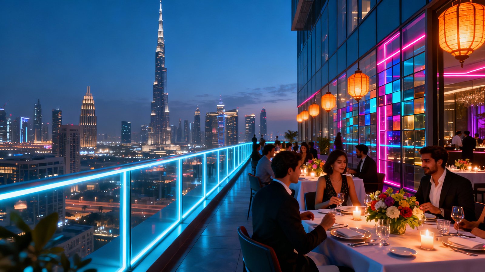 Vibrant, ultra-realistic image of a stylish rooftop restaurant in Dubai at night, with guests dining against a backdrop of the glittering city skyline