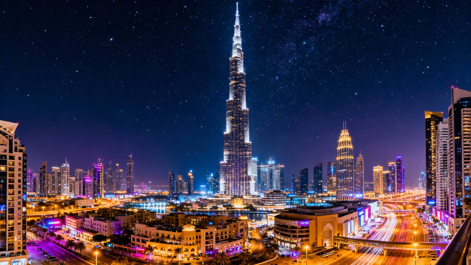 Spectacular, ultra-realistic night shot of the Downtown Dubai skyline, featuring the illuminated Burj Khalifa and the vibrant city lights below