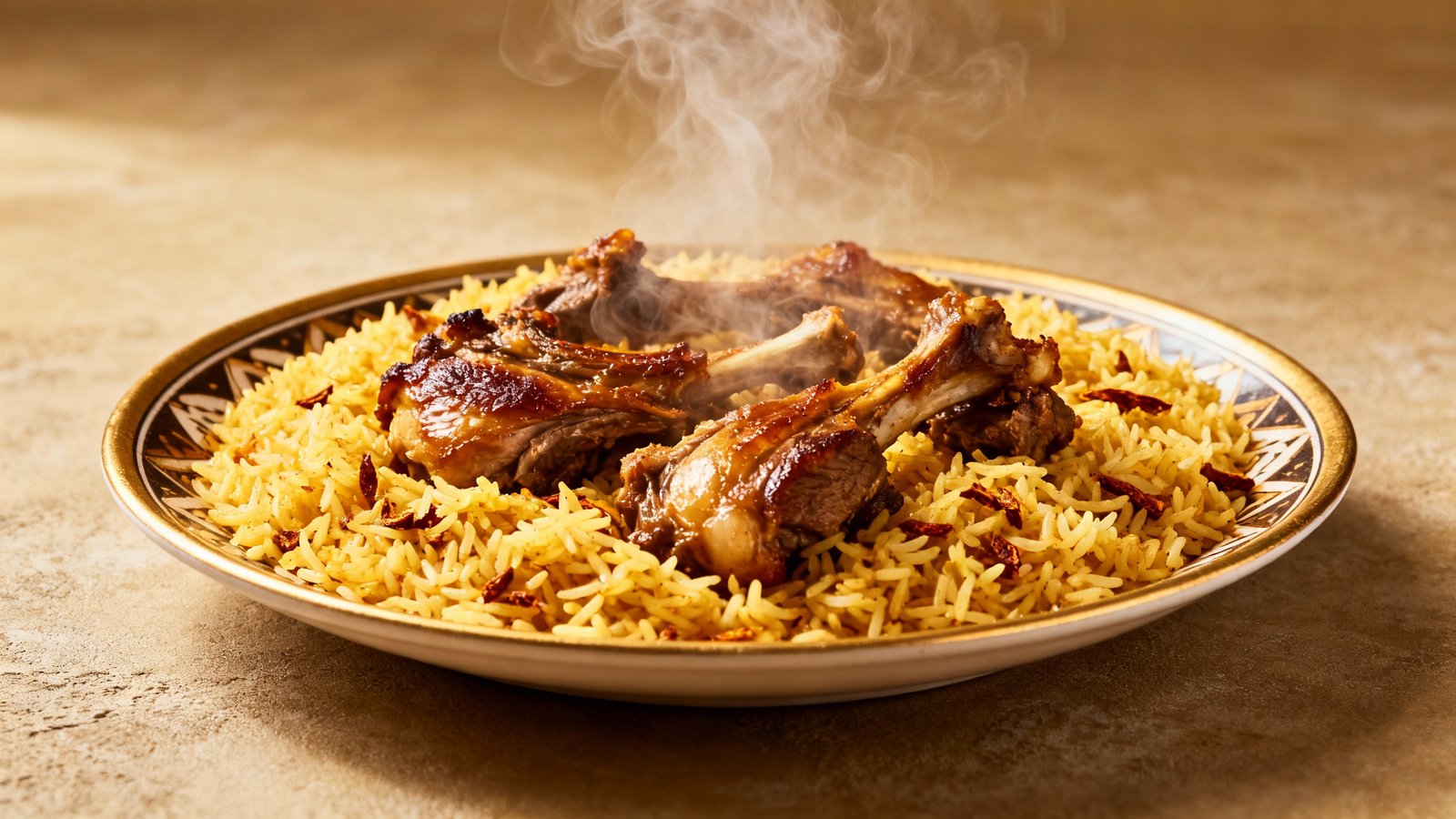 A close-up shot of a steaming plate of Emirati machboos with tender lamb and aromatic rice