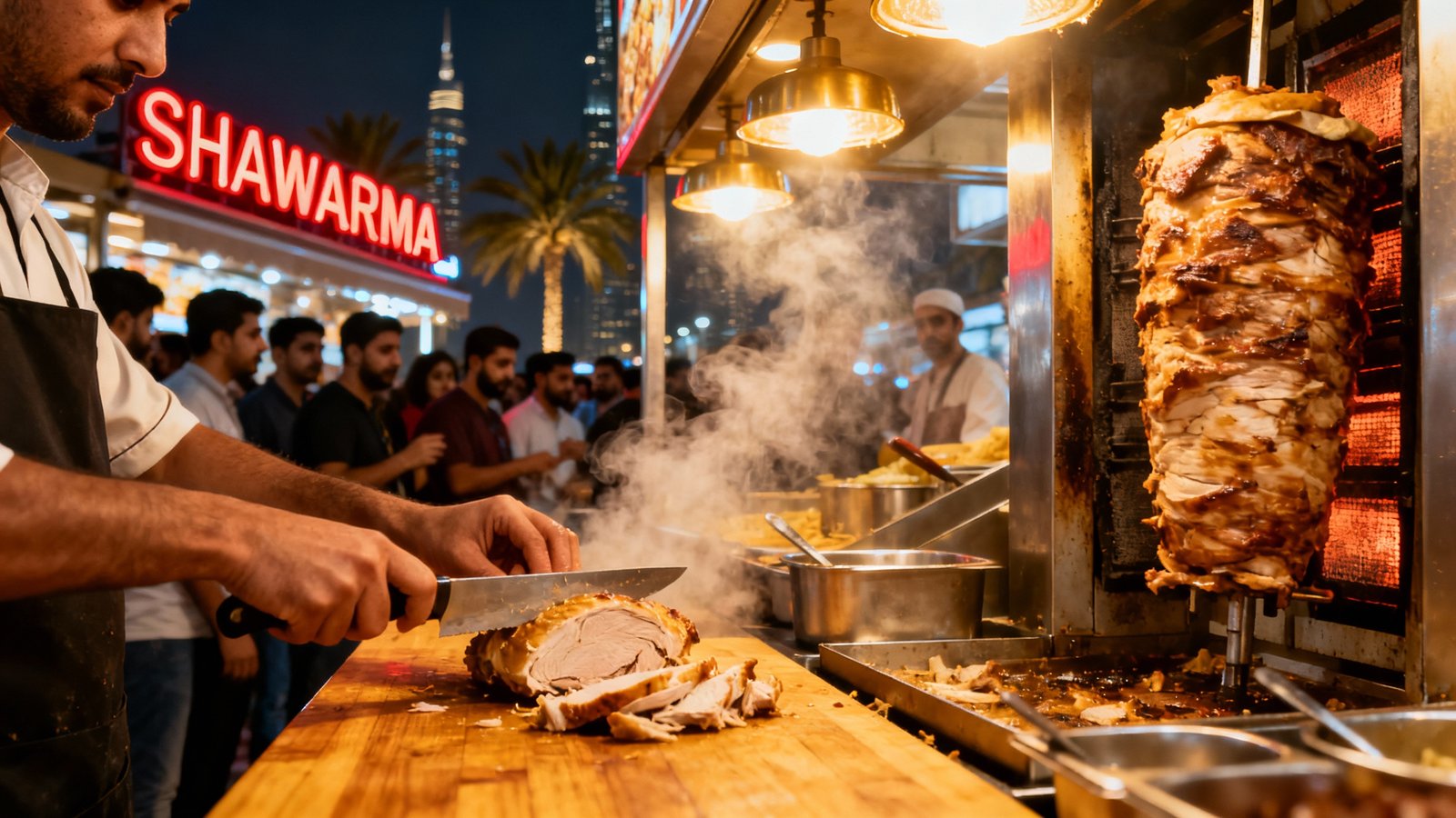 A bustling Dubai street food stall at night, with chefs preparing fresh shawarma under glowing lights