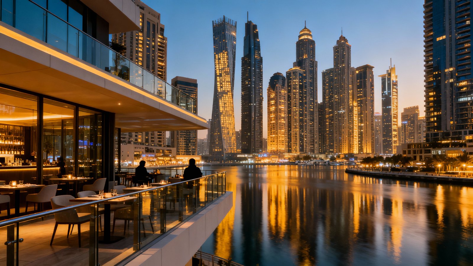 A panoramic view from a chic rooftop restaurant in Dubai Marina, with city lights reflecting on the water