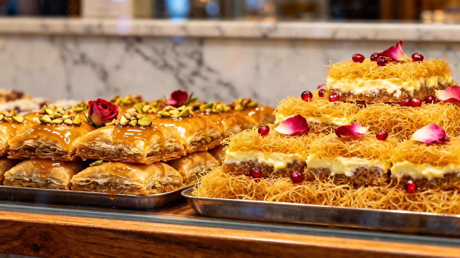 A beautiful display of traditional Middle Eastern desserts like baklava and kunafa in a sweet shop window