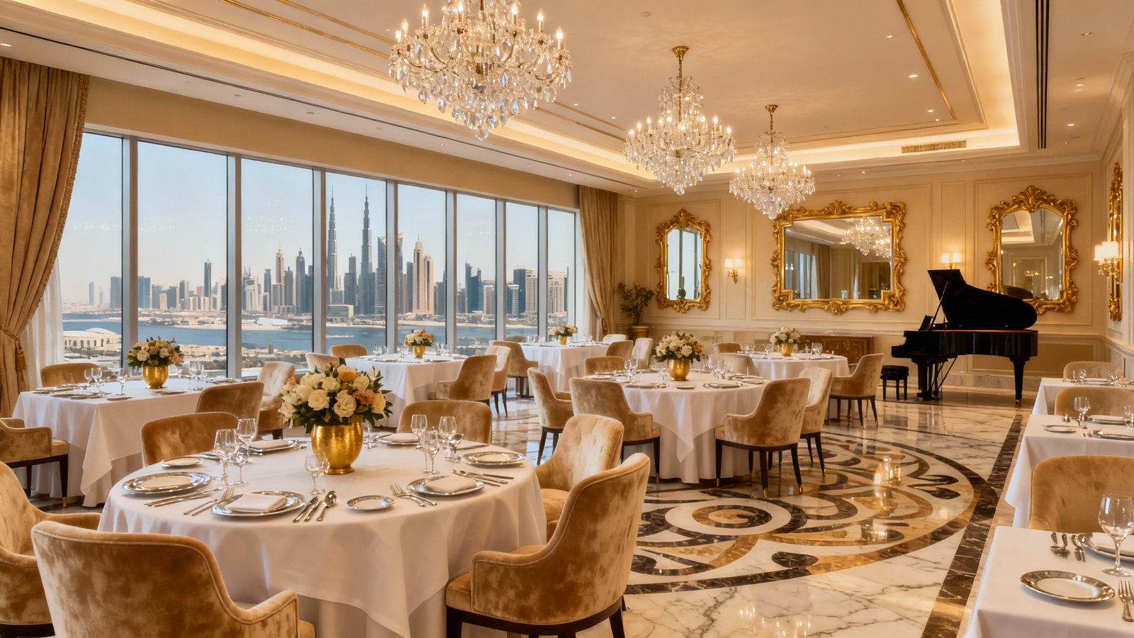 An elegant and luxurious hotel dining room in Dubai, with tables set for a fine dining experience