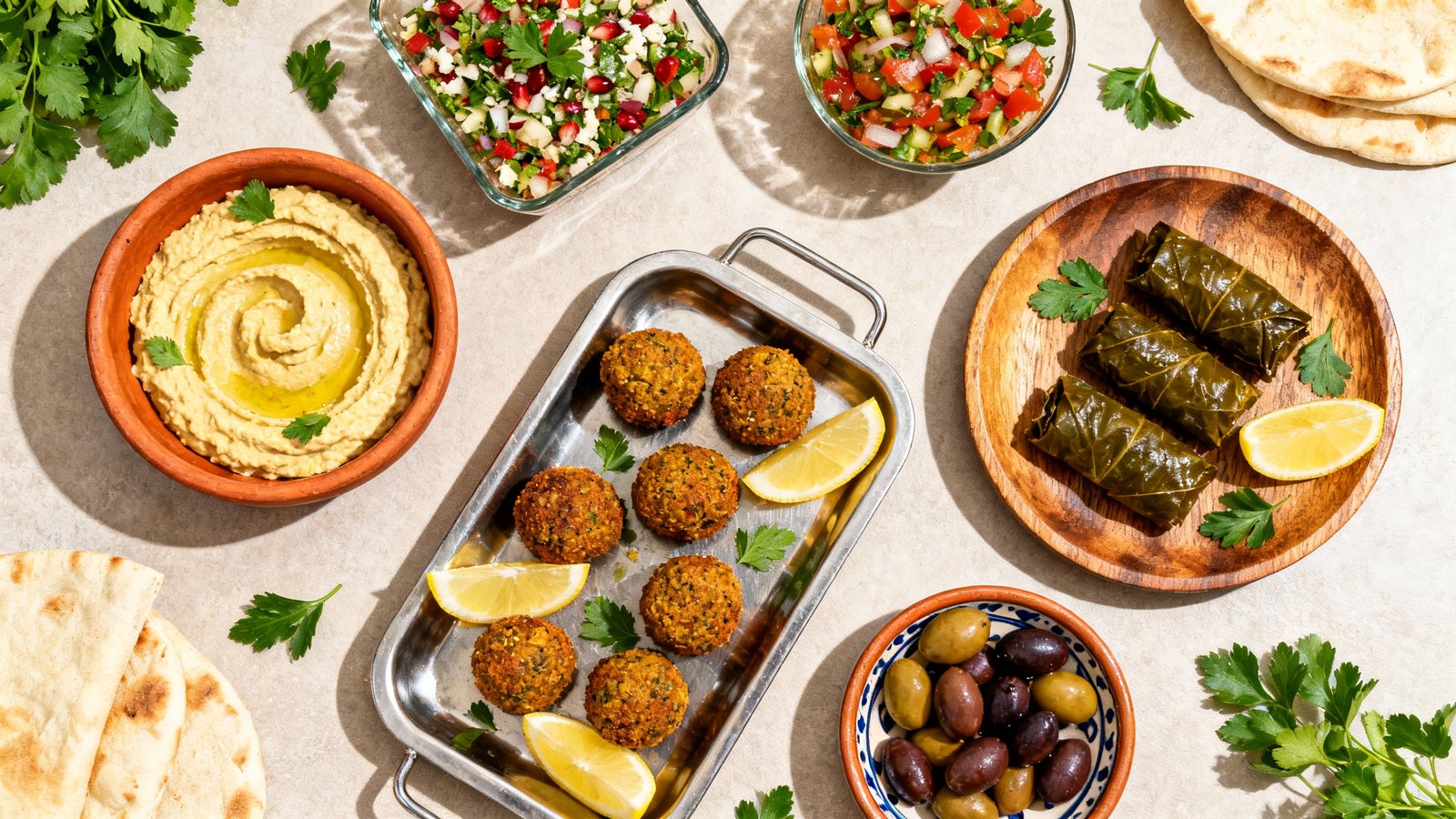 A top-down flat lay of a vibrant dining table featuring various small plates of Middle Eastern mezze and salads