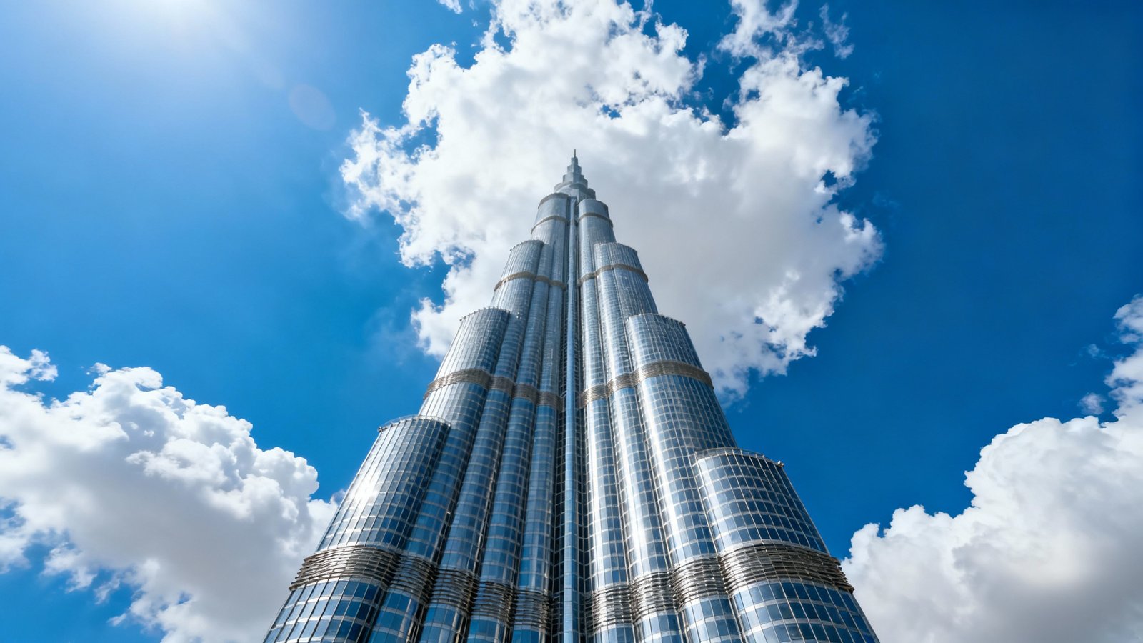 The towering Burj Khalifa piercing the clouds, viewed from below on a clear day