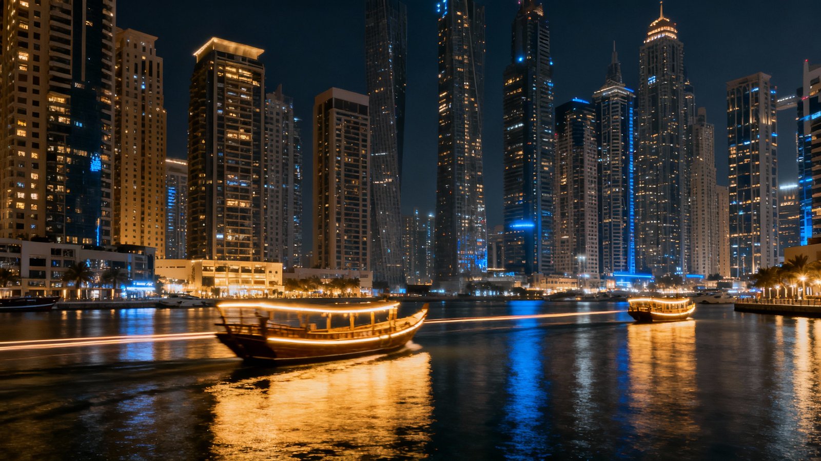 Dubai Marina at night, with illuminated skyscrapers reflecting on the water and dhows cruising by