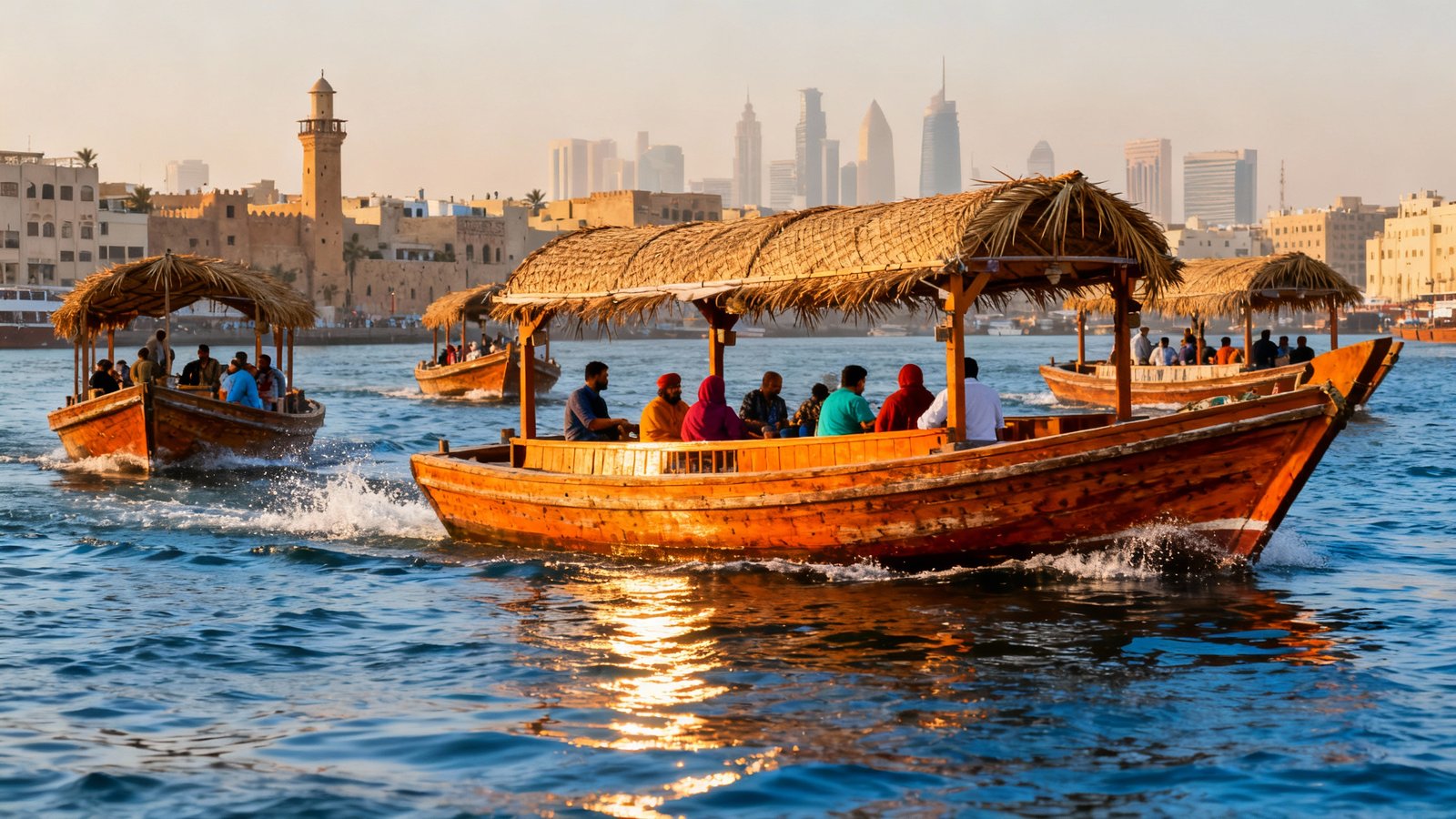 Traditional wooden abra boats crossing the bustling Dubai Creek with the old city skyline in the background