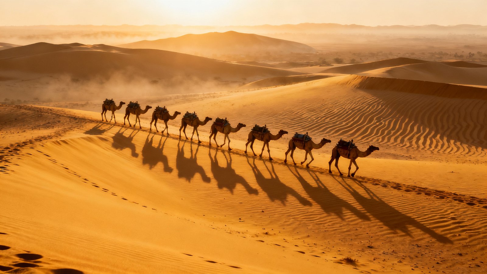 A caravan of camels walking across golden sand dunes during a desert safari at sunrise