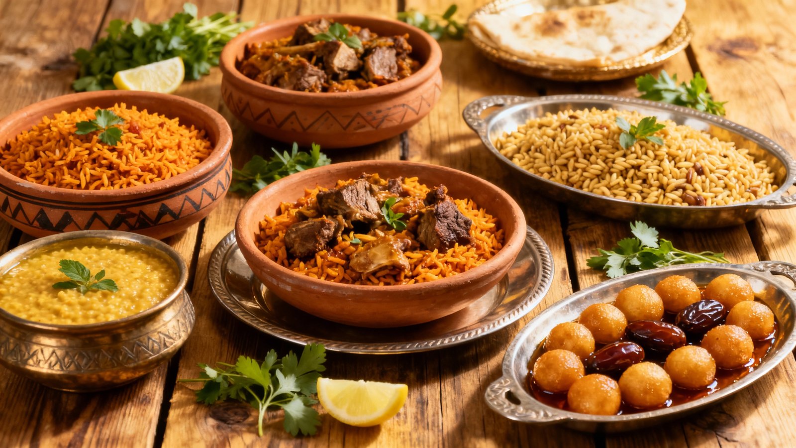 A vibrant spread of authentic Emirati dishes, including machboos, harees, and luqaimat, on a rustic table