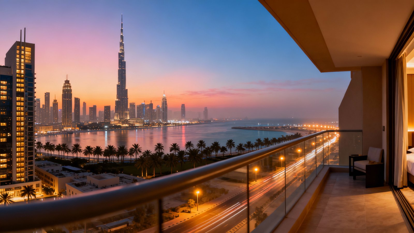 Stunning view of the Dubai skyline at dawn from a high-rise hotel room balcony