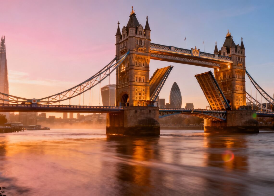 Cinematic wide-angle view of Tower Bridge at sunrise with the London skyline in the background