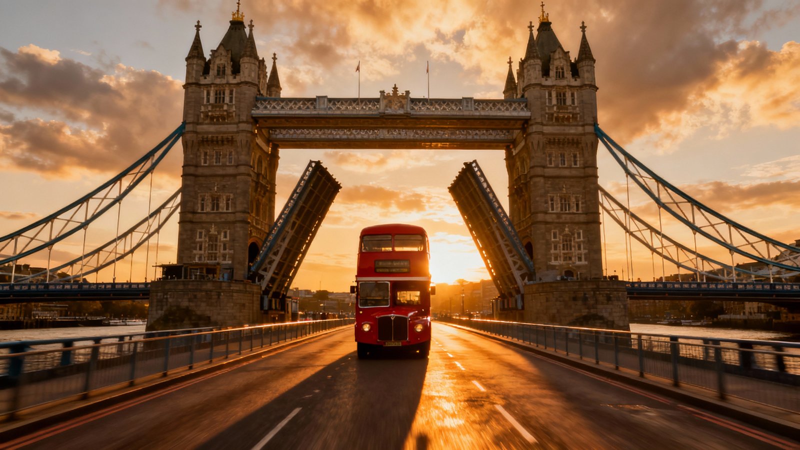 Cinematic wide-angle view of Tower Bridge at sunset with a classic red double-decker bus crossing it