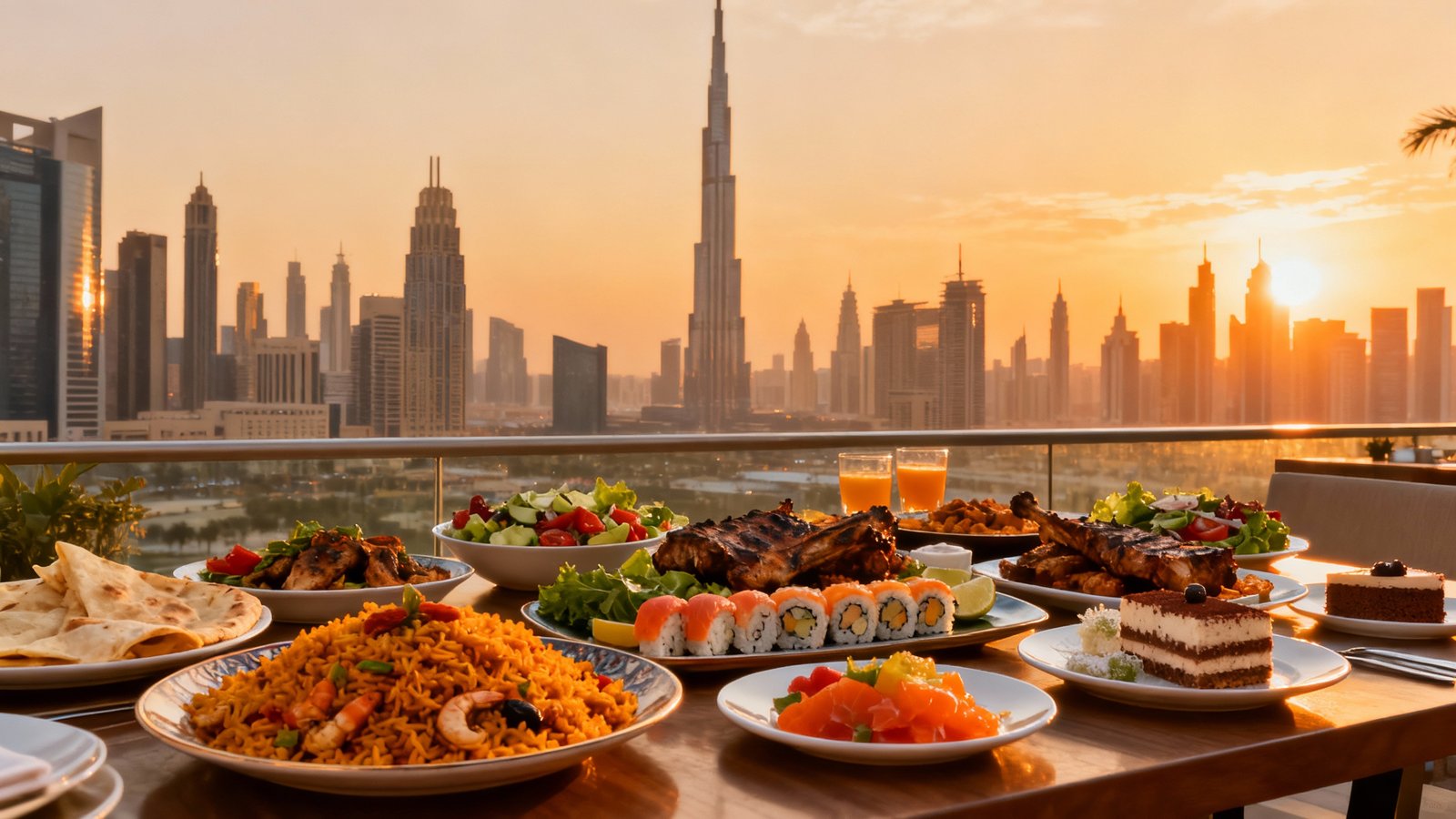 A vibrant spread of diverse Emirati and international dishes on a table overlooking the Dubai skyline at sunset