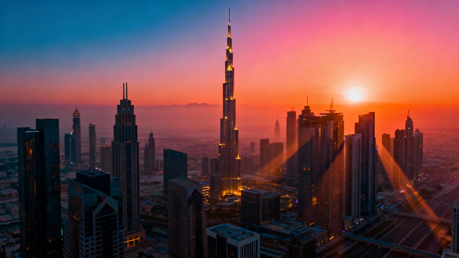 Cinematic wide-angle shot of the Dubai skyline at sunset with the Burj Khalifa prominent